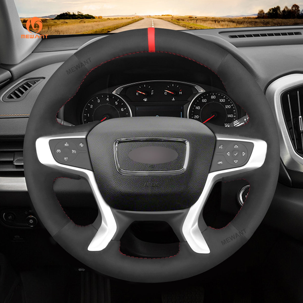 MEWANT black Athsuede cover with red center stripe installed on a compatible GMC steering wheel