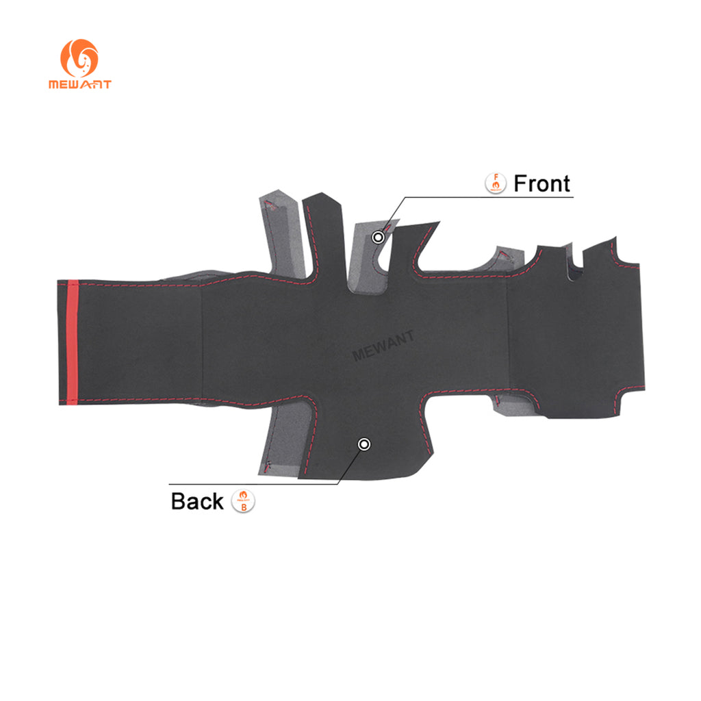Front and back of MEWANT black Athsuede cover with red stitching for compatible GMC steering wheels