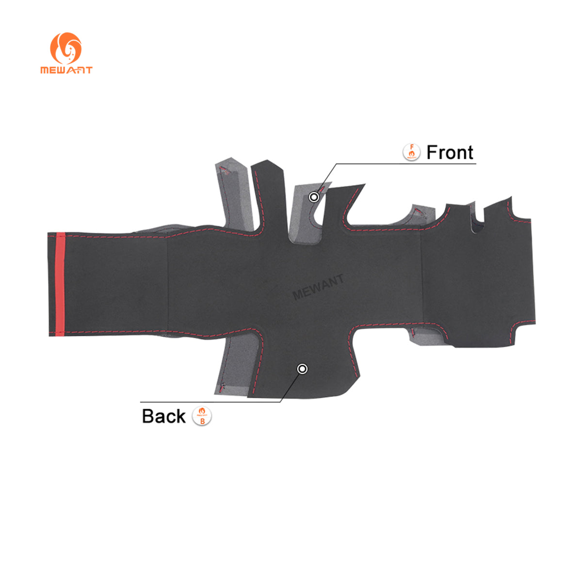 Front and back of MEWANT black Athsuede cover with red stitching for compatible GMC steering wheels