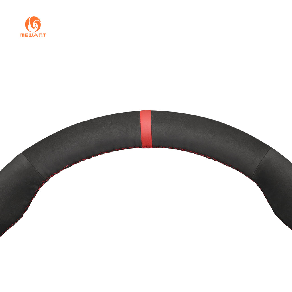 Red center stripe and red stitching detail on MEWANT black Athsuede GMC steering wheel cover