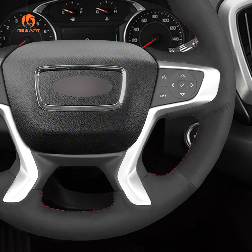 Right side detail of MEWANT black Athsuede GMC steering wheel cover with red stitching