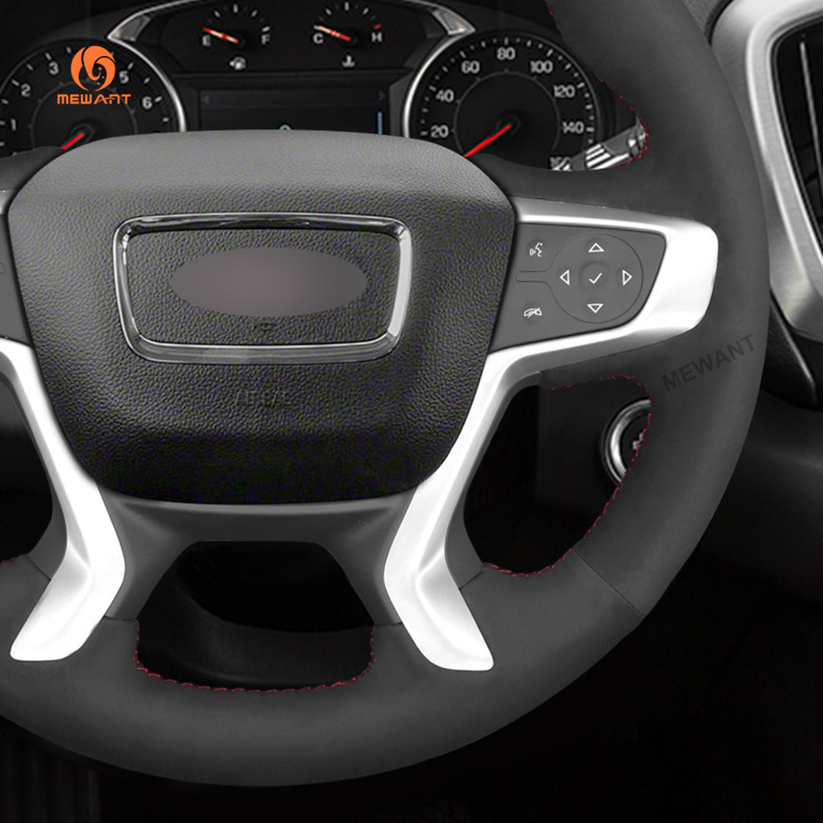 Right side detail of MEWANT black Athsuede GMC steering wheel cover with red stitching