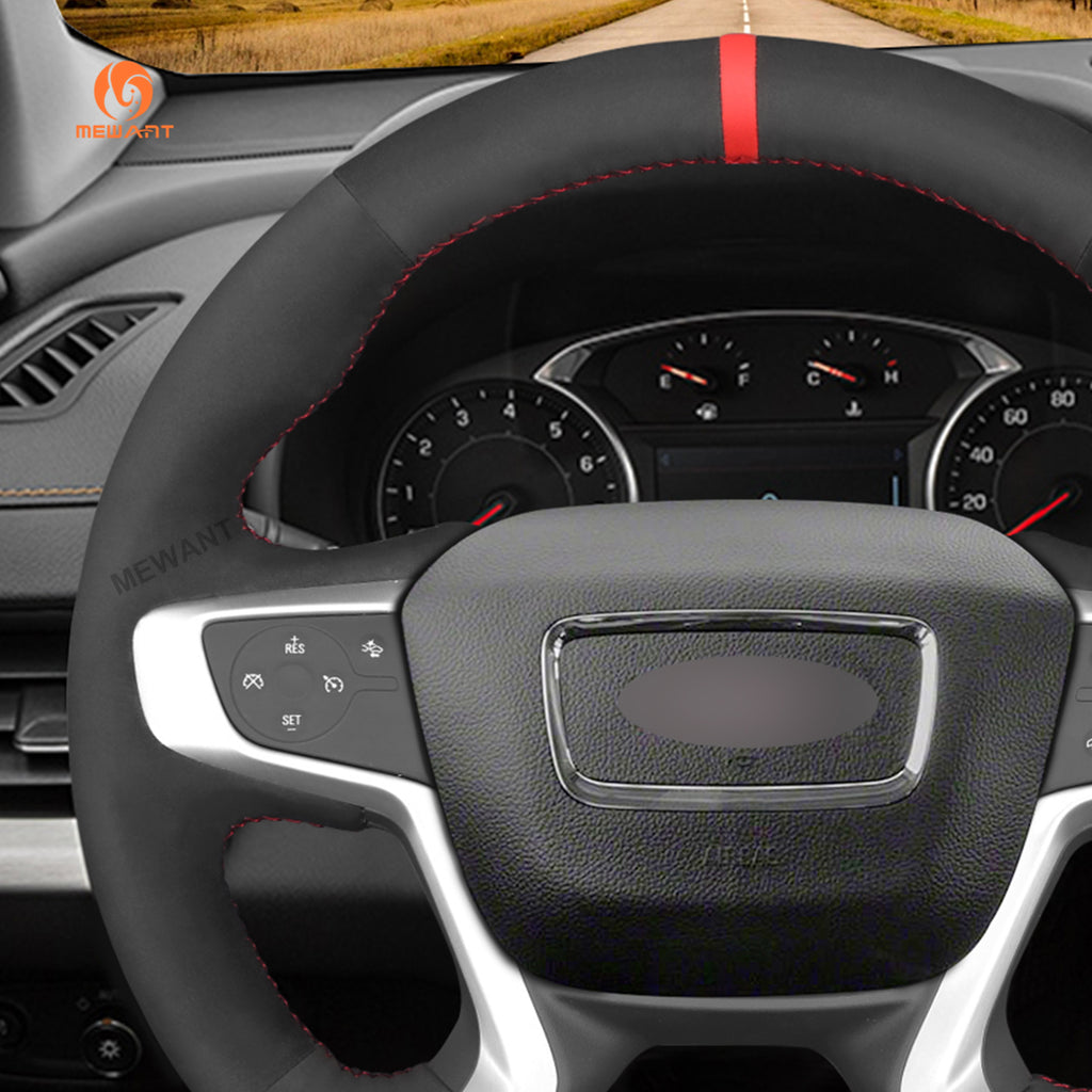 Left side detail of MEWANT black Athsuede GMC steering wheel cover with red center stripe