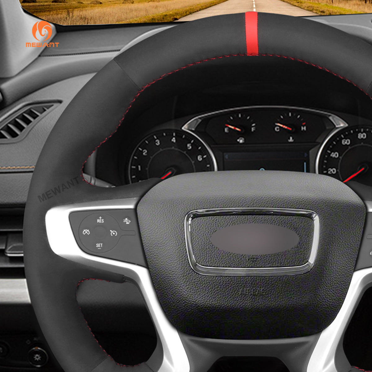 Left side detail of MEWANT black Athsuede GMC steering wheel cover with red center stripe