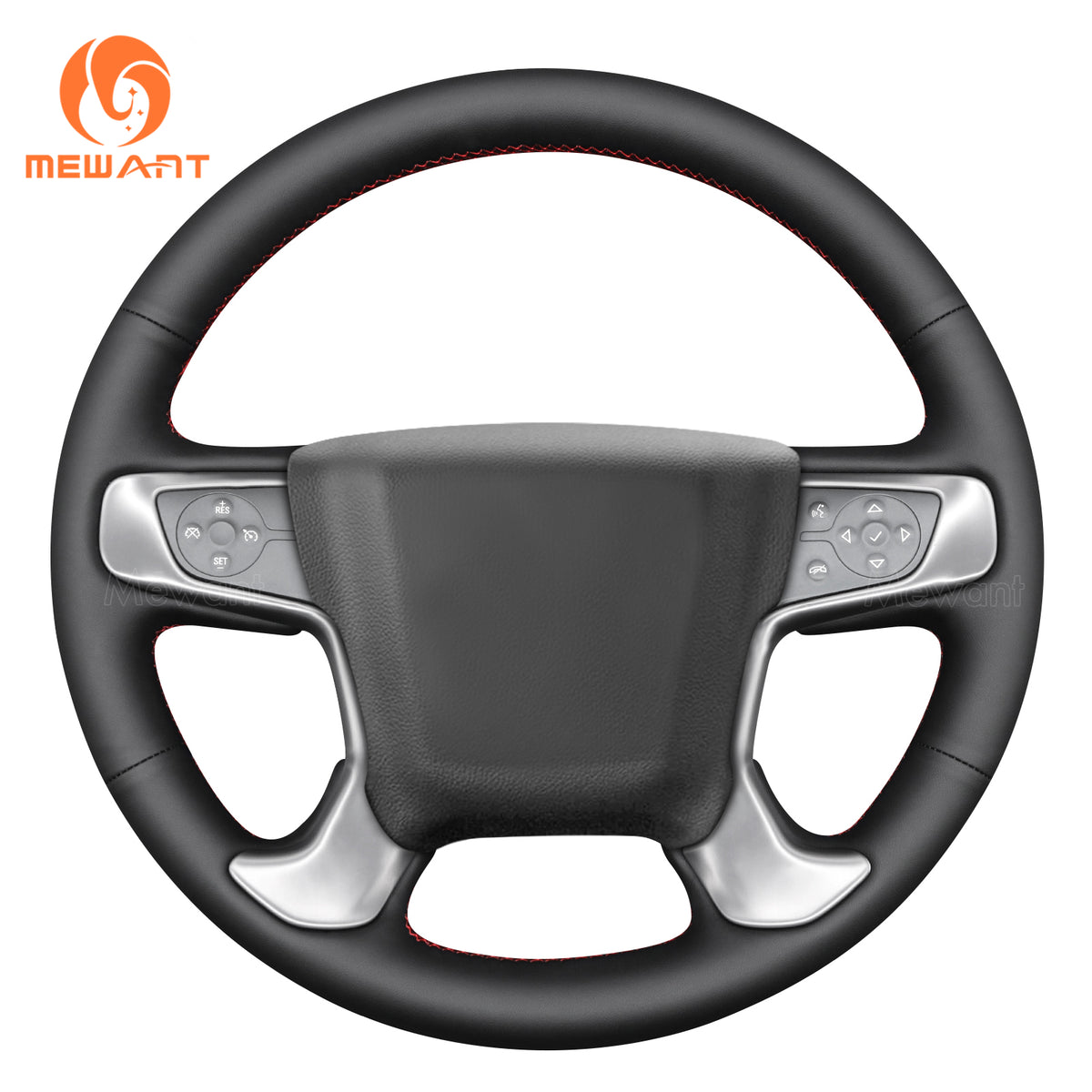 MEWANT black pu leather steering wheel cover with red stitching for compatible GMC Sierra and Yukon models