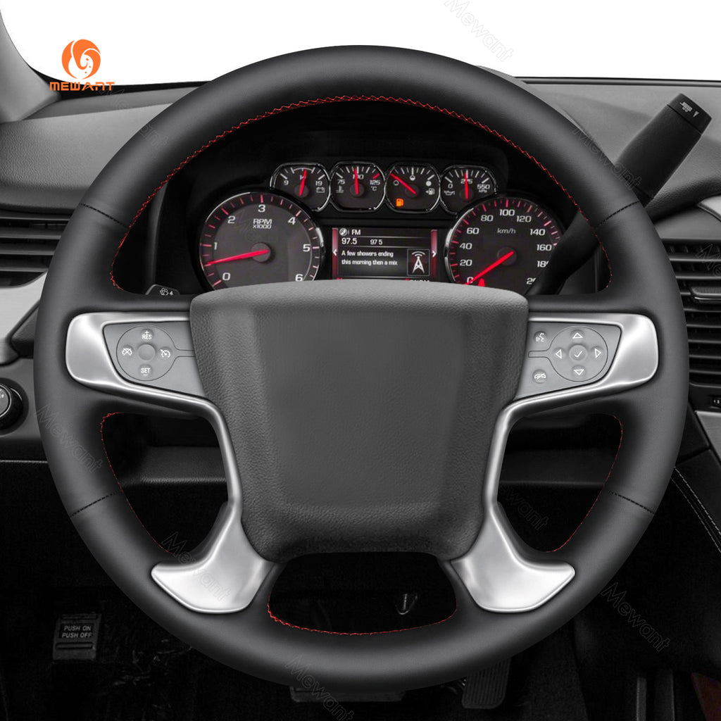 MEWANT black pu leather cover with red stitching installed on a compatible GMC Sierra or Yukon steering wheel