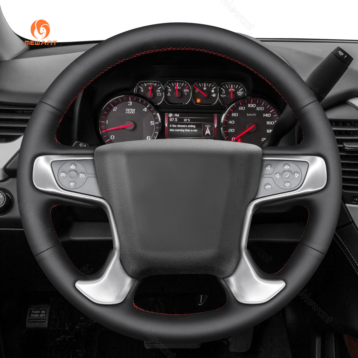 MEWANT black pu leather cover with red stitching installed on a compatible GMC Sierra or Yukon steering wheel