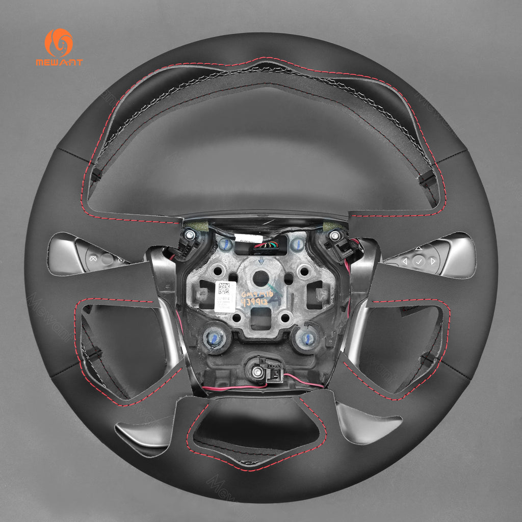 Rear view of MEWANT black pu leather GMC steering wheel cover with red stitching