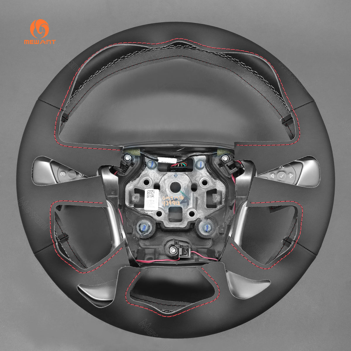 Rear view of MEWANT black pu leather GMC steering wheel cover with red stitching