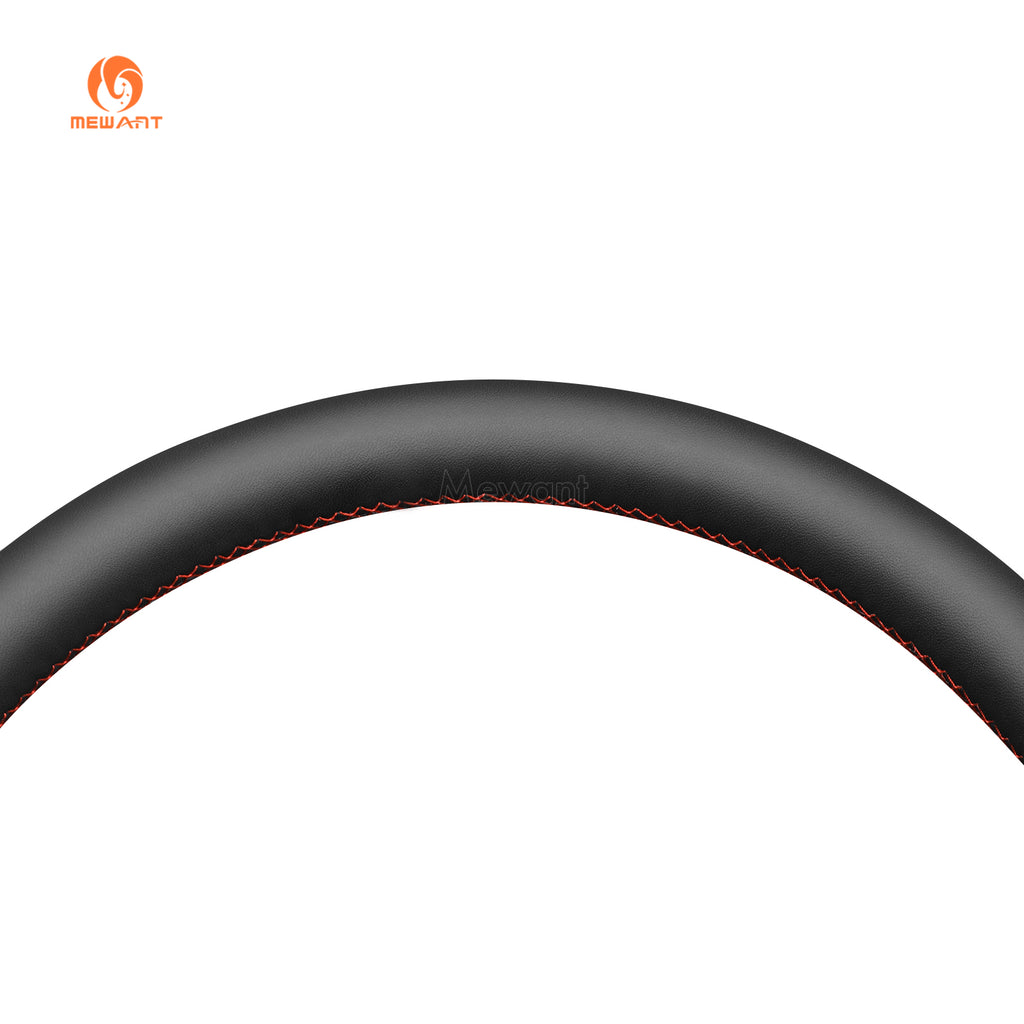 Top detail of MEWANT black pu leather GMC steering wheel cover with red stitching