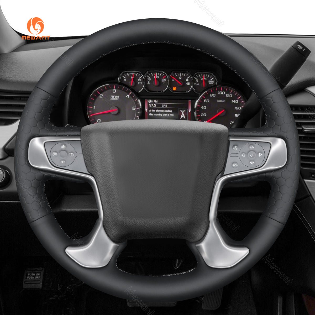 MEWANT black honeycomb embossed cover installed on a compatible GMC steering wheel