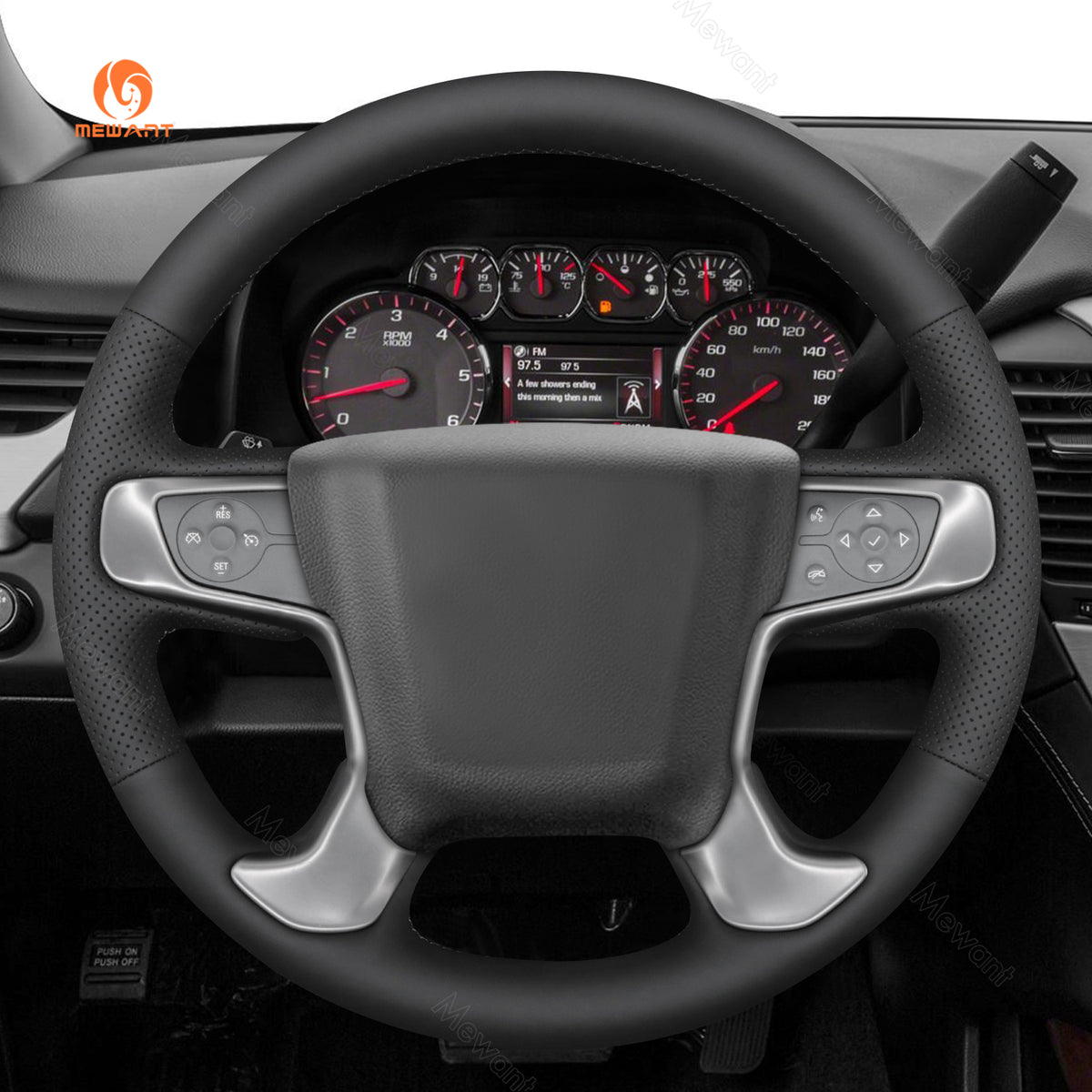 Black MEWANT pu leather cover installed on a compatible GMC Sierra or Yukon steering wheel