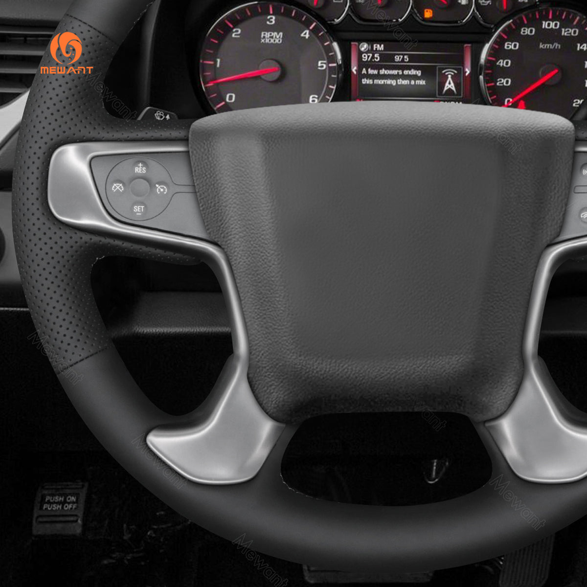 Left perforated side detail of MEWANT black pu leather GMC wheel cover