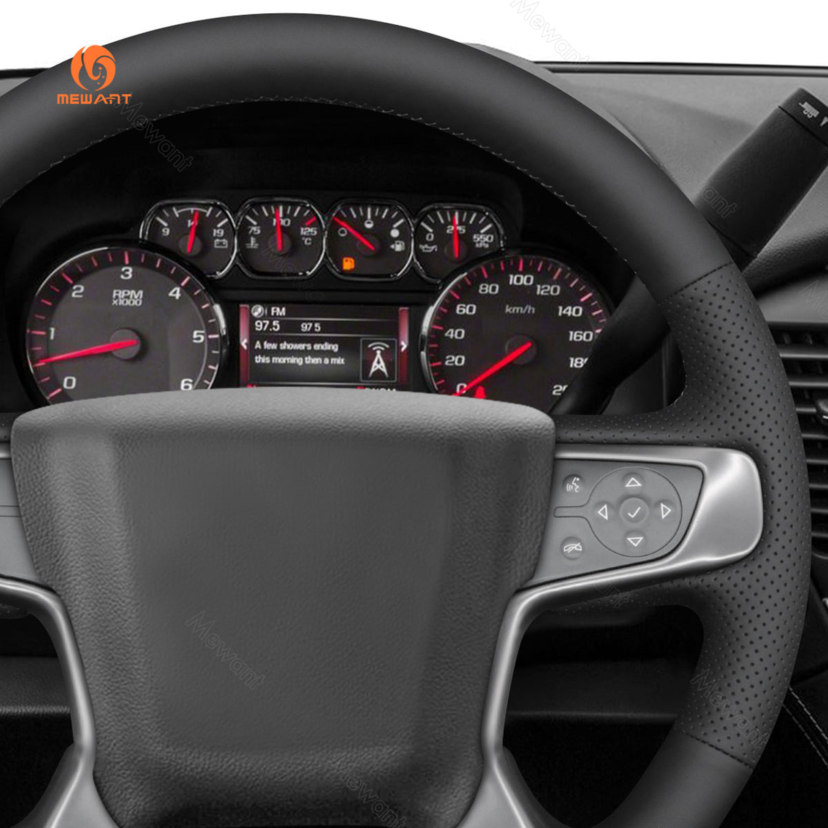 Right perforated side detail of MEWANT black pu leather GMC wheel cover