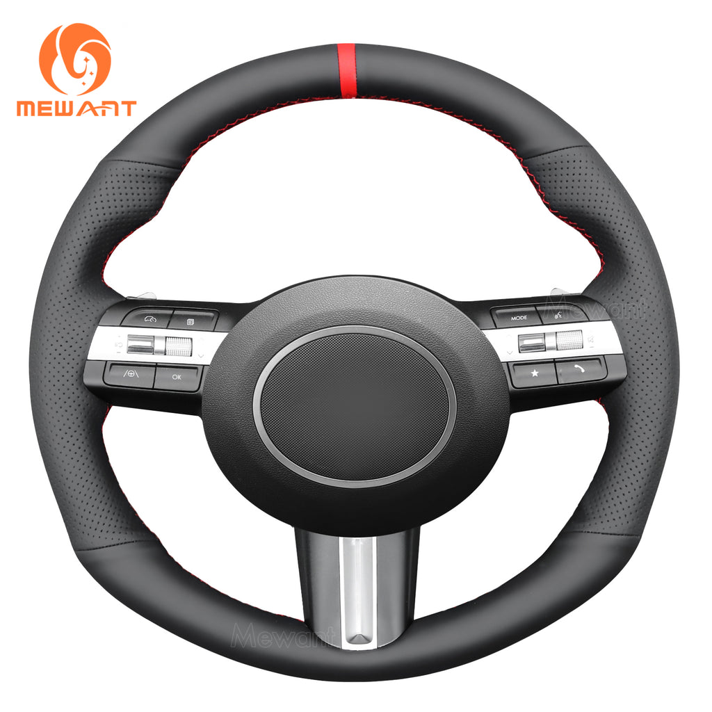 MEWANT black pu leather steering wheel cover with red stripe and stitching for compatible Hyundai Sonata Kona and Tucson models