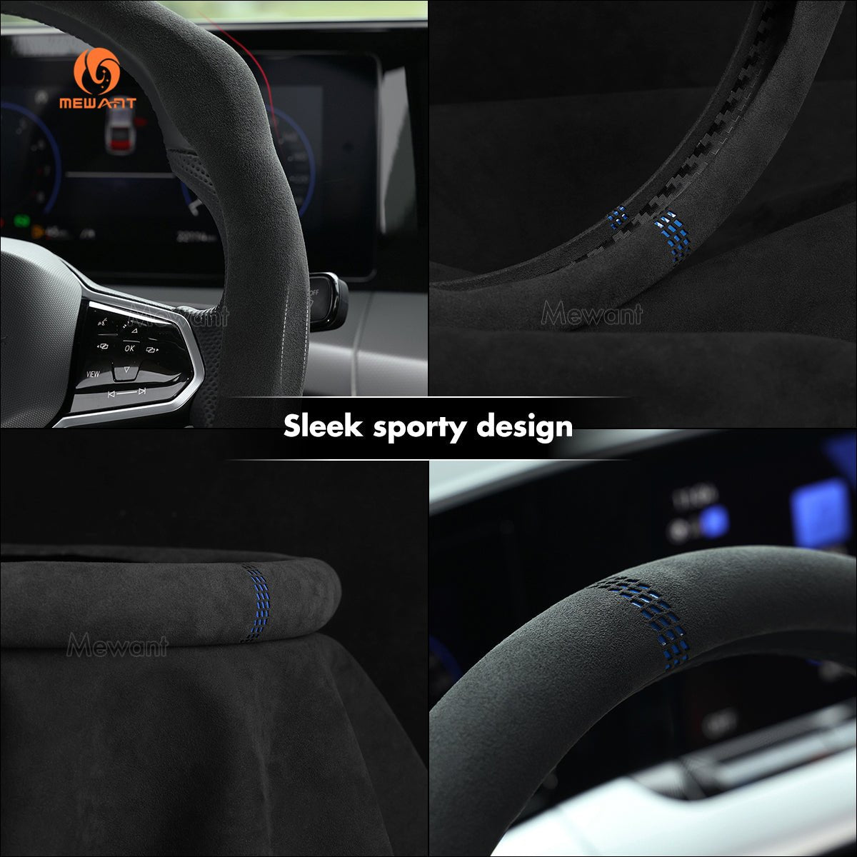 MEWANT 5D Universal Alcantara U - Shape Steering Wheel Cover Wrap for All BMW Audi Dodge Mercedes - Benz Subaru Hyundai Kia Ford Lexus Mazda Honda - Alcantara, Leather, Carbon Fiber, Easy Install, Non - Slip, Best Steering Wheel Cover