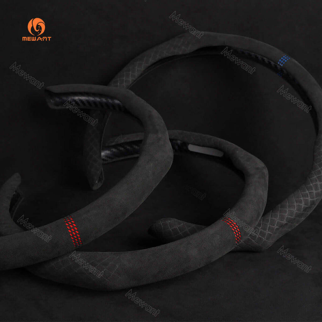 MEWANT 5D Universal Alcantara U - Shape Steering Wheel Cover Wrap for Most BMW Audi Dodge Mercedes - Benz Subaru Hyundai Kia Ford Nissan Toyota - Alcantara, Leather, Carbon Fiber, Easy Install, Non - Slip, Best Steering Wheel Cover