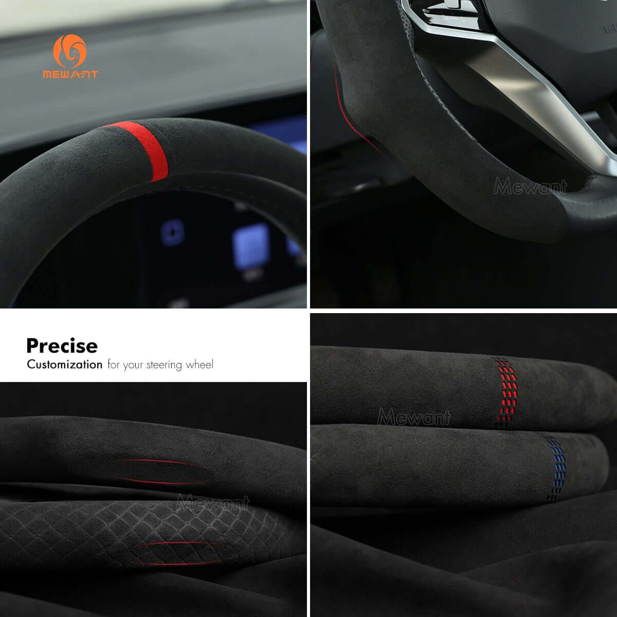 MEWANT 5D Universal Alcantara U - Shape Steering Wheel Cover Wrap for Most BMW Audi Dodge Mercedes - Benz Subaru Hyundai Kia Ford Nissan Toyota - Alcantara, Leather, Carbon Fiber, Easy Install, Non - Slip, Best Steering Wheel Cover