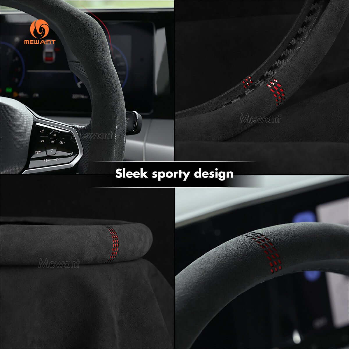 MEWANT 5D Universal Alcantara U - Shape Steering Wheel Cover Wrap for Most BMW Audi Dodge Mercedes - Benz Subaru Hyundai Kia Ford Nissan Toyota Honda - Alcantara, Leather, Carbon Fiber, Easy Install, Non - Slip, Best Steering Wheel Cover