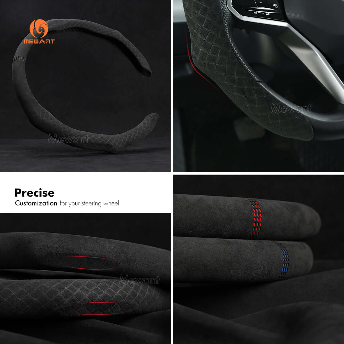 MEWANT 5D Universal Alcantara U - Shape Steering Wheel Cover Wrap for Most BMW Audi Dodge Mercedes - Benz Subaru Hyundai Kia Ford Nissan Toyota VW - Alcantara, Leather, Carbon Fiber, Easy Install, Non - Slip, Best Steering Wheel Cover