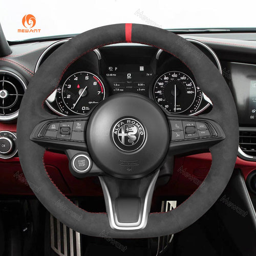 MEWANT Alcantara Car Steering Wheel Cover for Alfa Romeo Giulia 2020 - 2022 / Stelvio 2020 - 2022 / Tonale 2022 - Alcantara, Leather, Carbon Fiber, Easy Install, Non - Slip, Best Steering Wheel Cover