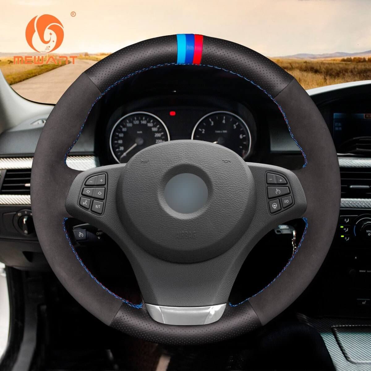 MEWANT Alcantara Car Steering Wheel Cover for for BMW X3 E83 2007 - 2010 / X5 E53 2000 - 2006 - Alcantara, Leather, Carbon Fiber, Easy Install, Non - Slip, Best Steering Wheel Cover