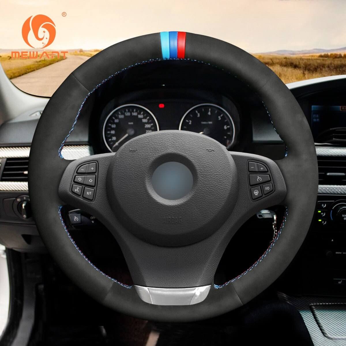 MEWANT Alcantara Car Steering Wheel Cover for for BMW X3 E83 2007 - 2010 / X5 E53 2000 - 2006 - Alcantara, Leather, Carbon Fiber, Easy Install, Non - Slip, Best Steering Wheel Cover