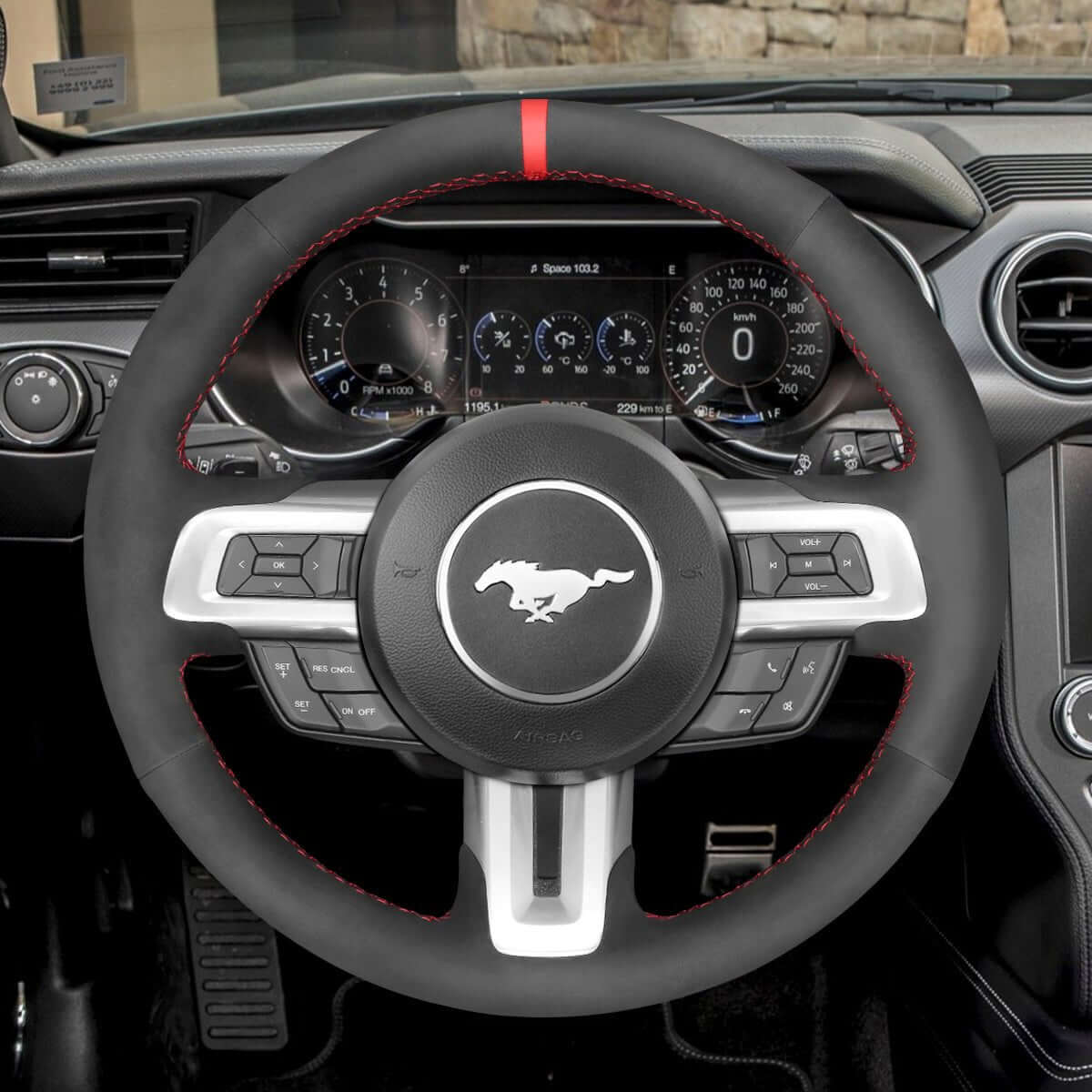 MEWANT Alcantara Car Steering Wheel Cover for Ford Mustang 2015 - 2024 - Alcantara, Leather, Carbon Fiber, Easy Install, Non - Slip, Best Steering Wheel Cover