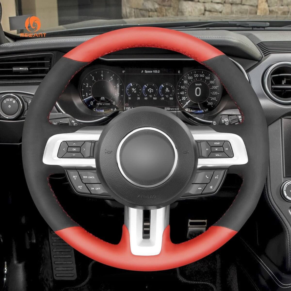 MEWANT Alcantara Car Steering Wheel Cover for Ford Mustang 2015 - 2024 - Alcantara, Leather, Carbon Fiber, Easy Install, Non - Slip, Best Steering Wheel Cover