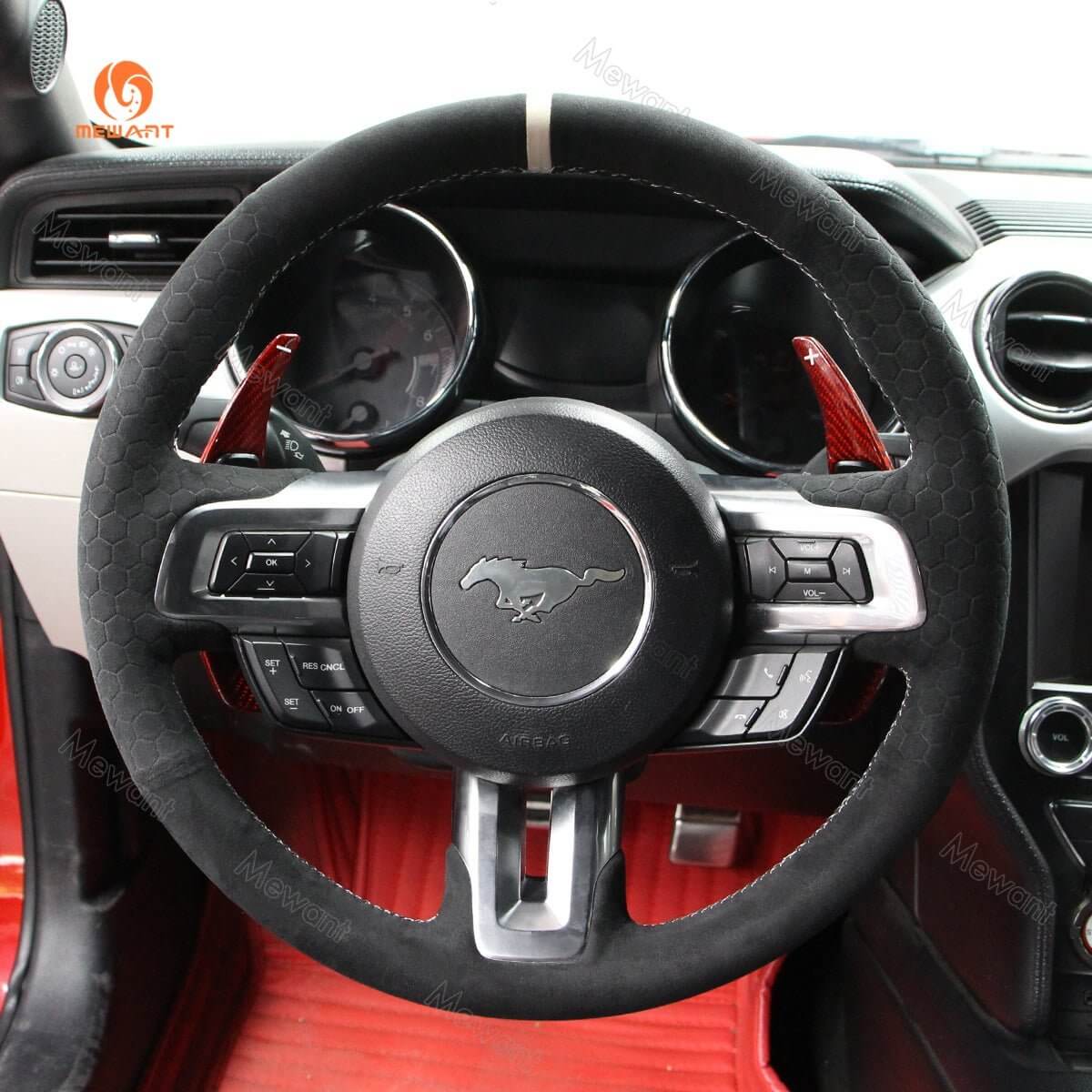MEWANT Alcantara Car Steering Wheel Cover for Ford Mustang 2015 - 2024 - Alcantara, Leather, Carbon Fiber, Easy Install, Non - Slip, Best Steering Wheel Cover