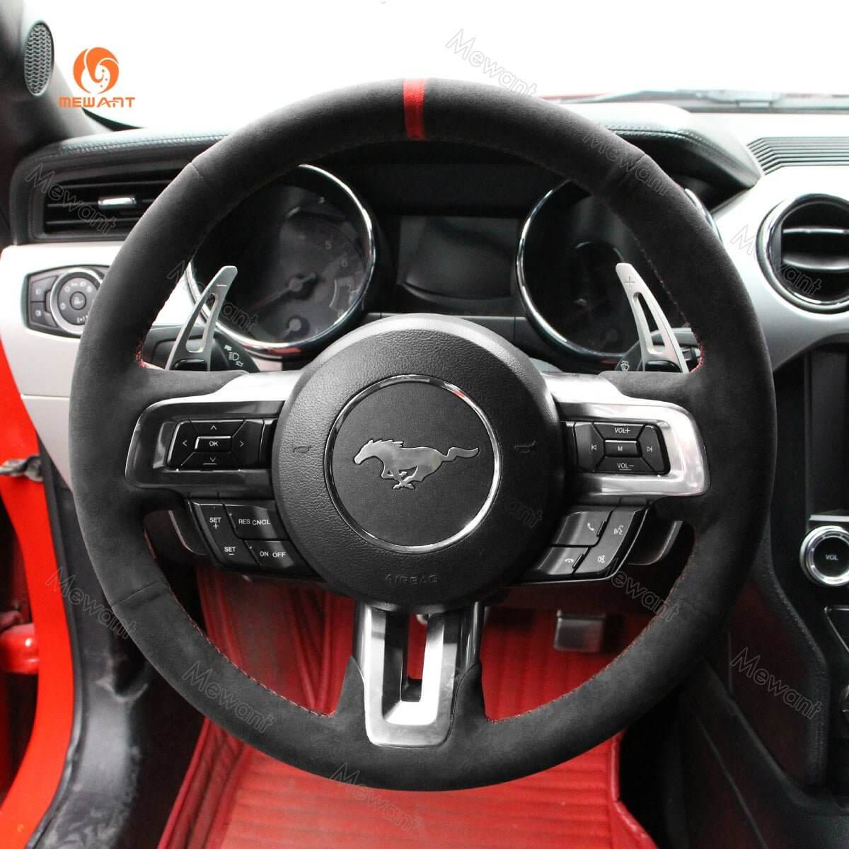 MEWANT Alcantara Car Steering Wheel Cover for Ford Mustang 2015 - 2024 - Alcantara, Leather, Carbon Fiber, Easy Install, Non - Slip, Best Steering Wheel Cover