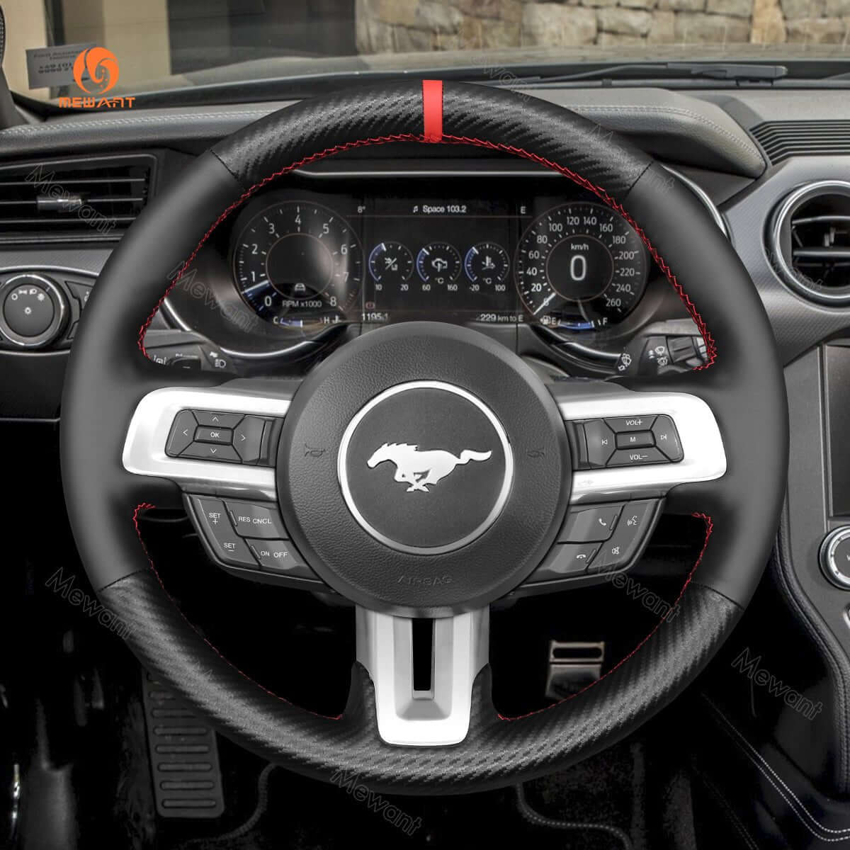 MEWANT Alcantara Car Steering Wheel Cover for Ford Mustang 2015 - 2024 - Alcantara, Leather, Carbon Fiber, Easy Install, Non - Slip, Best Steering Wheel Cover