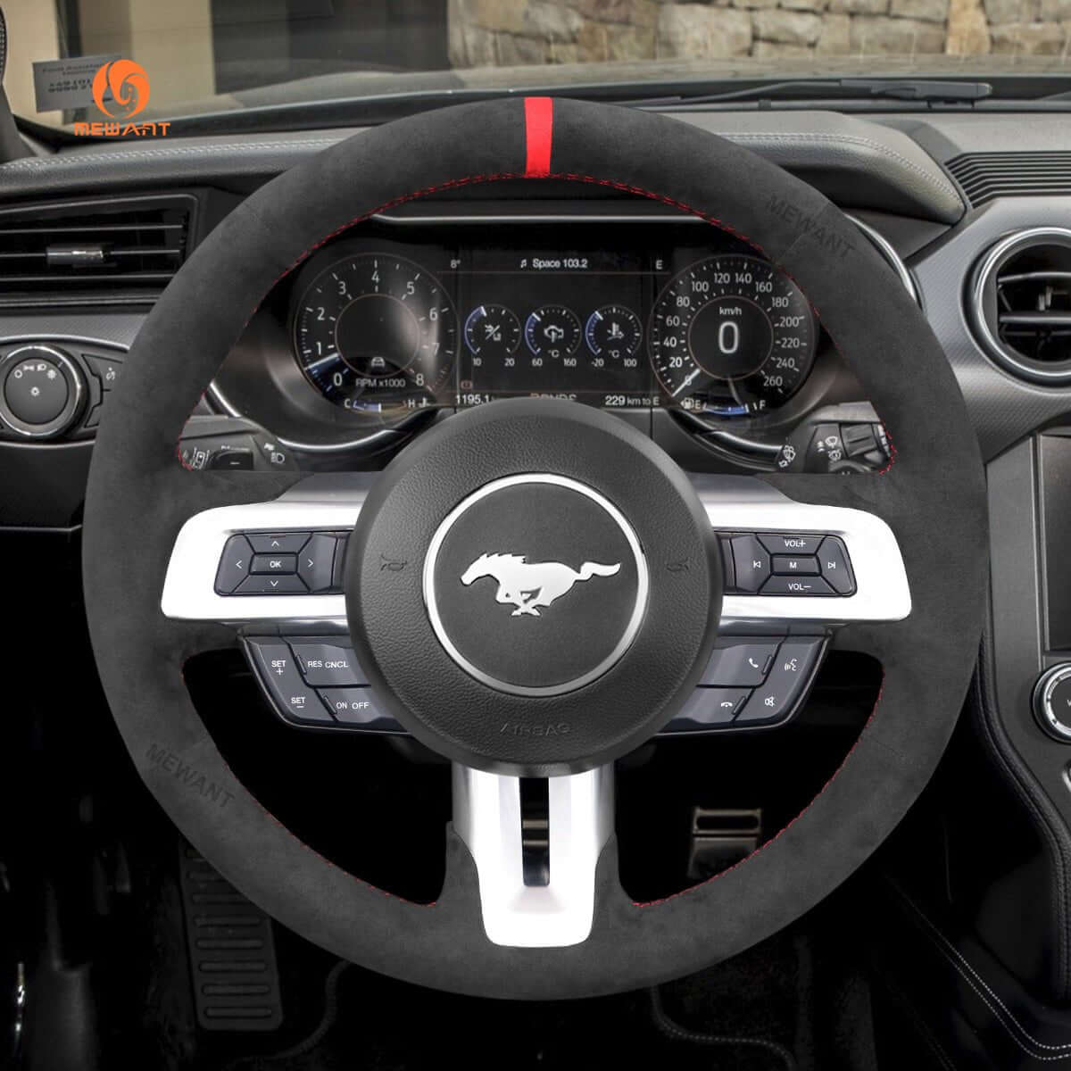 MEWANT Alcantara Car Steering Wheel Cover for Ford Mustang 2015 - 2024 - Alcantara, Leather, Carbon Fiber, Easy Install, Non - Slip, Best Steering Wheel Cover