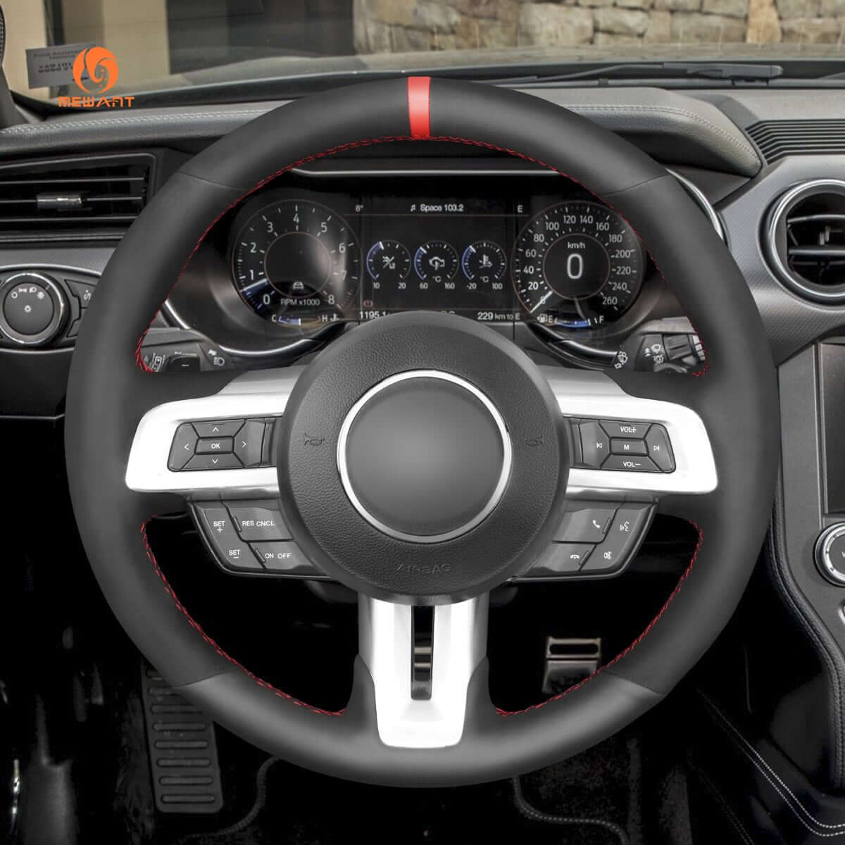 MEWANT Alcantara Car Steering Wheel Cover for Ford Mustang 2015 - 2024 - Alcantara, Leather, Carbon Fiber, Easy Install, Non - Slip, Best Steering Wheel Cover