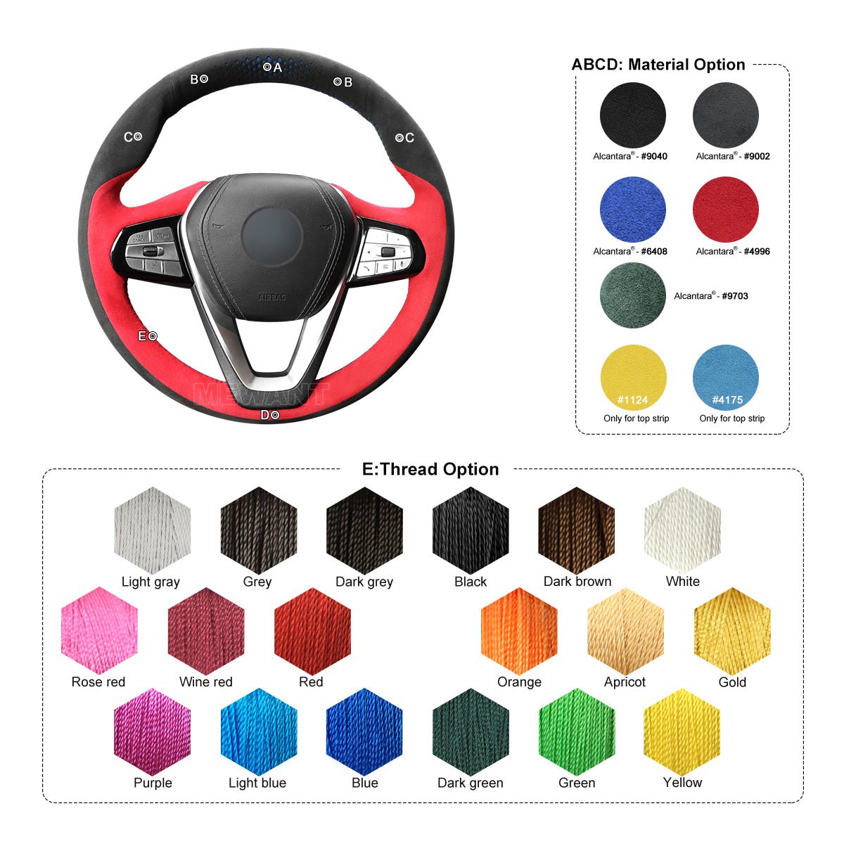 MEWANT Alcantara Car Steering Wheel Cover for BME G20 F44 G22 G23 G26 G30 G32 G11 G14 G01 G02 G05 G06 G07 G29 - Alcantara, Leather, Carbon Fiber, Easy Install, Non - Slip, Best Steering Wheel Cover