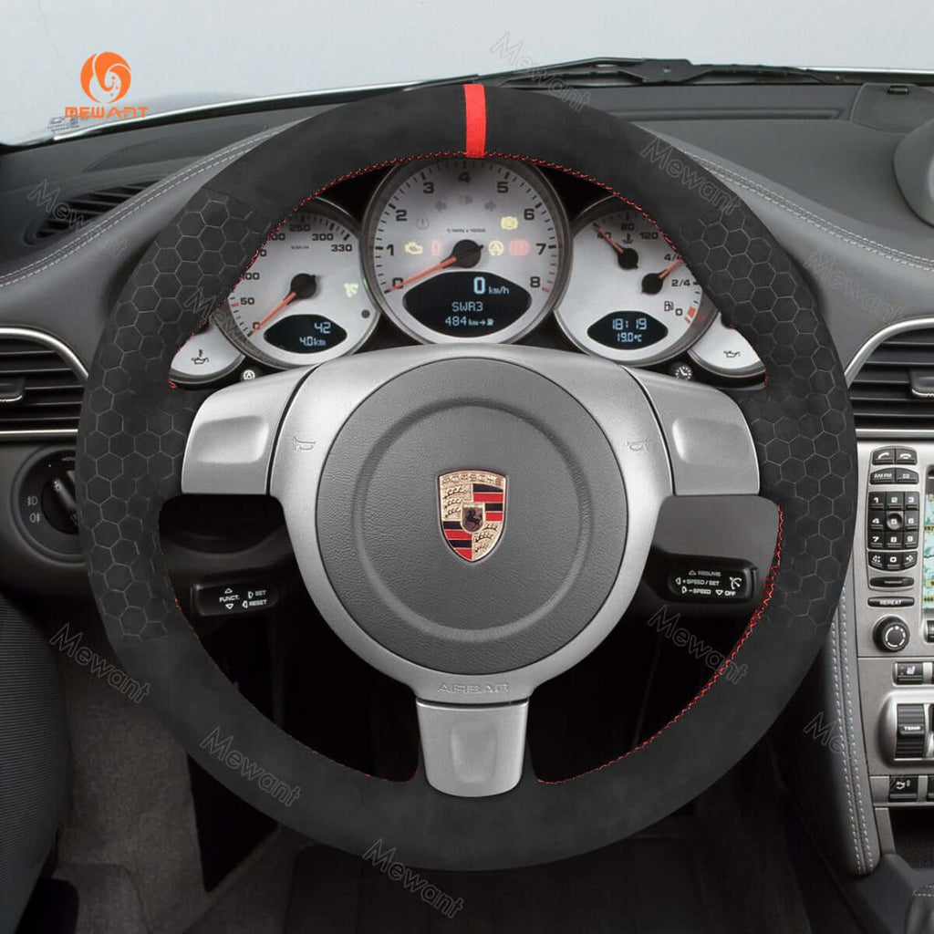 MEWANT Alcantara Embossing Style Car Steering Wheel Cover for Porsche with Quilted and Hive Pattern - Alcantara, Leather, Carbon Fiber, Easy Install, Non - Slip, Best Steering Wheel Cover