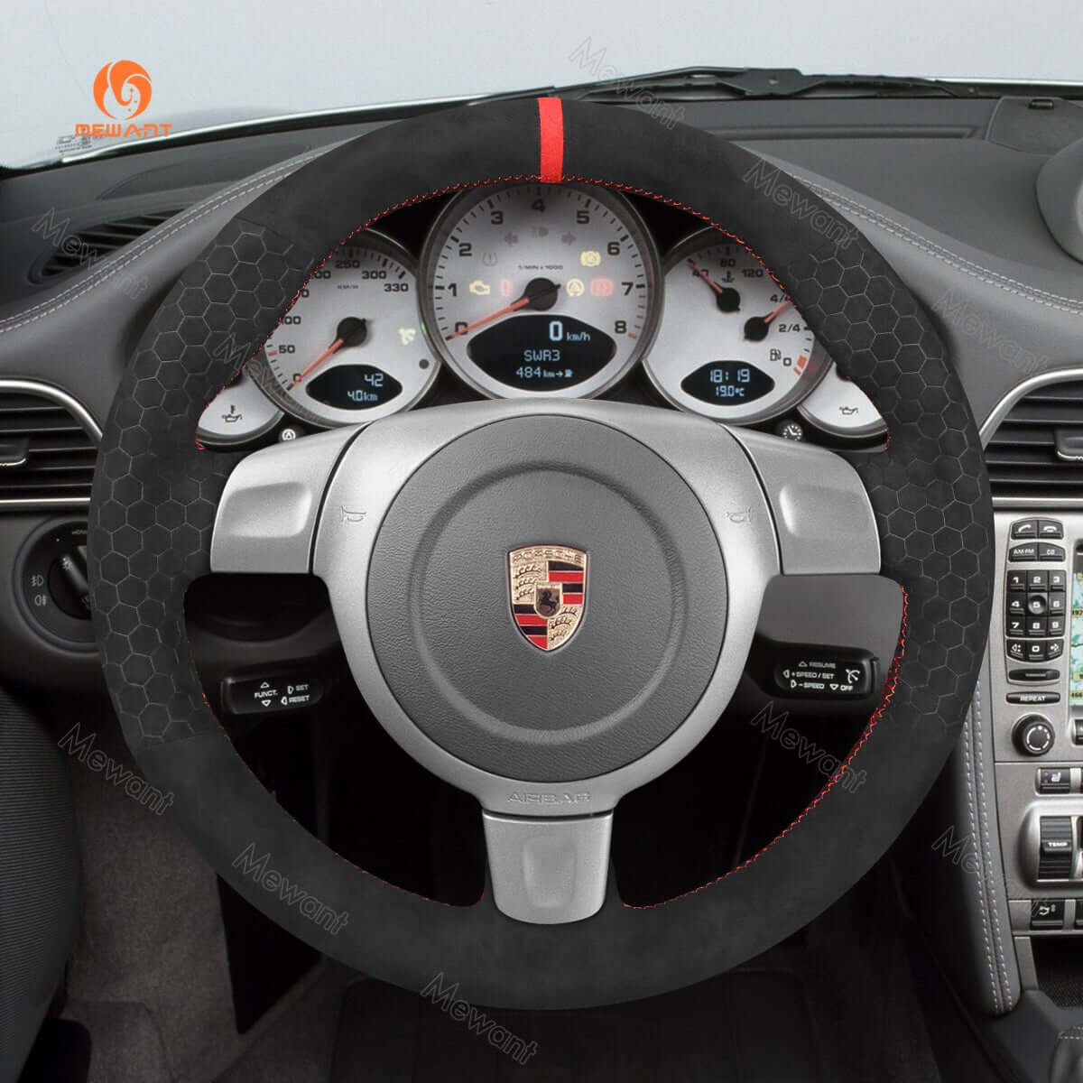 MEWANT Alcantara Embossing Style Car Steering Wheel Cover for Porsche with Quilted and Hive Pattern - Alcantara, Leather, Carbon Fiber, Easy Install, Non - Slip, Best Steering Wheel Cover