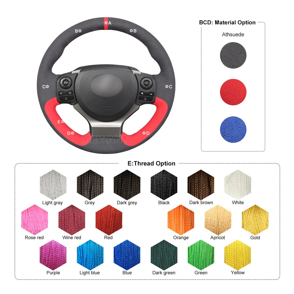 MEWANT Athsuede Car Steering Wheel Cover for Lexus IS 200t 250 300 350 F Sport RC CT 200h NX - Alcantara, Leather, Carbon Fiber, Easy Install, Non - Slip, Best Steering Wheel Cover
