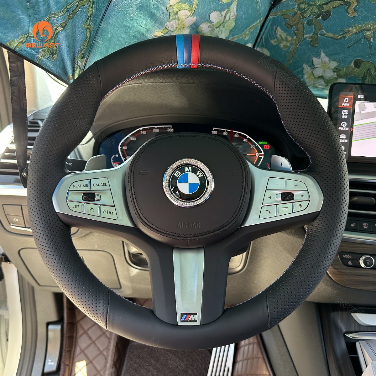 MEWANT Black Alcantara Car Steering Wheel Cover for BMW G20 F44 G22 G26 G30 G32 G11 G14 G15 G16 G01 G02 G05 G06 G07 G29 - Alcantara, Leather, Carbon Fiber, Easy Install, Non - Slip, Best Steering Wheel Cover