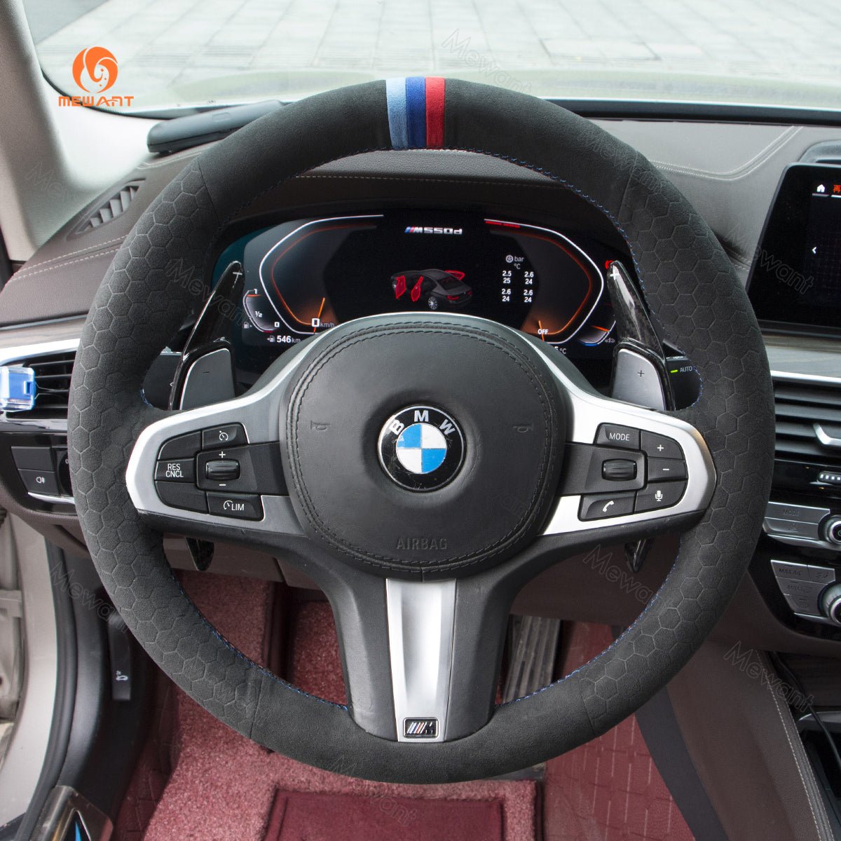 MEWANT Black Alcantara Car Steering Wheel Cover for BMW G20 F44 G22 G26 G30 G32 G11 G14 G15 G16 G01 G02 G05 G06 G07 G29 - Alcantara, Leather, Carbon Fiber, Easy Install, Non - Slip, Best Steering Wheel Cover