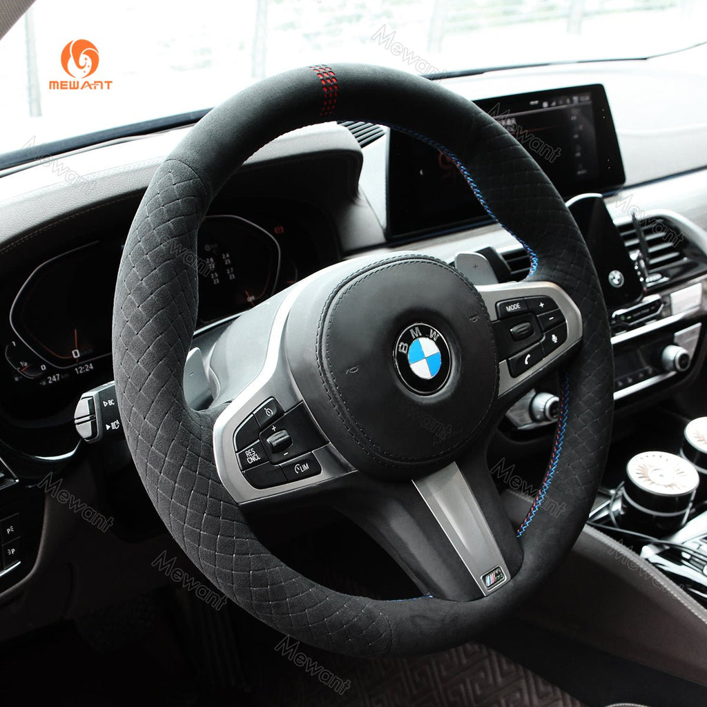 MEWANT Black Alcantara Car Steering Wheel Cover for BMW G20 F44 G22 G26 G30 G32 G11 G14 G15 G16 G01 G02 G05 G06 G07 G29 - Alcantara, Leather, Carbon Fiber, Easy Install, Non - Slip, Best Steering Wheel Cover