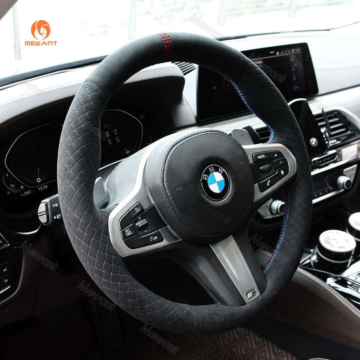 MEWANT Black Alcantara Car Steering Wheel Cover for BMW G20 F44 G22 G26 G30 G32 G11 G14 G15 G16 G01 G02 G05 G06 G07 G29 - Alcantara, Leather, Carbon Fiber, Easy Install, Non - Slip, Best Steering Wheel Cover