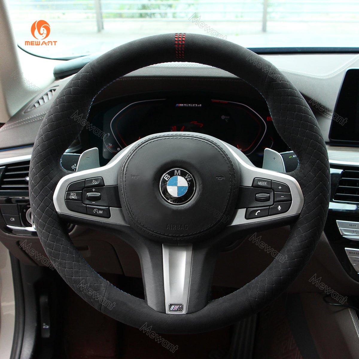MEWANT Black Alcantara Car Steering Wheel Cover for BMW G20 F44 G22 G26 G30 G32 G11 G14 G15 G16 G01 G02 G05 G06 G07 G29 - Alcantara, Leather, Carbon Fiber, Easy Install, Non - Slip, Best Steering Wheel Cover