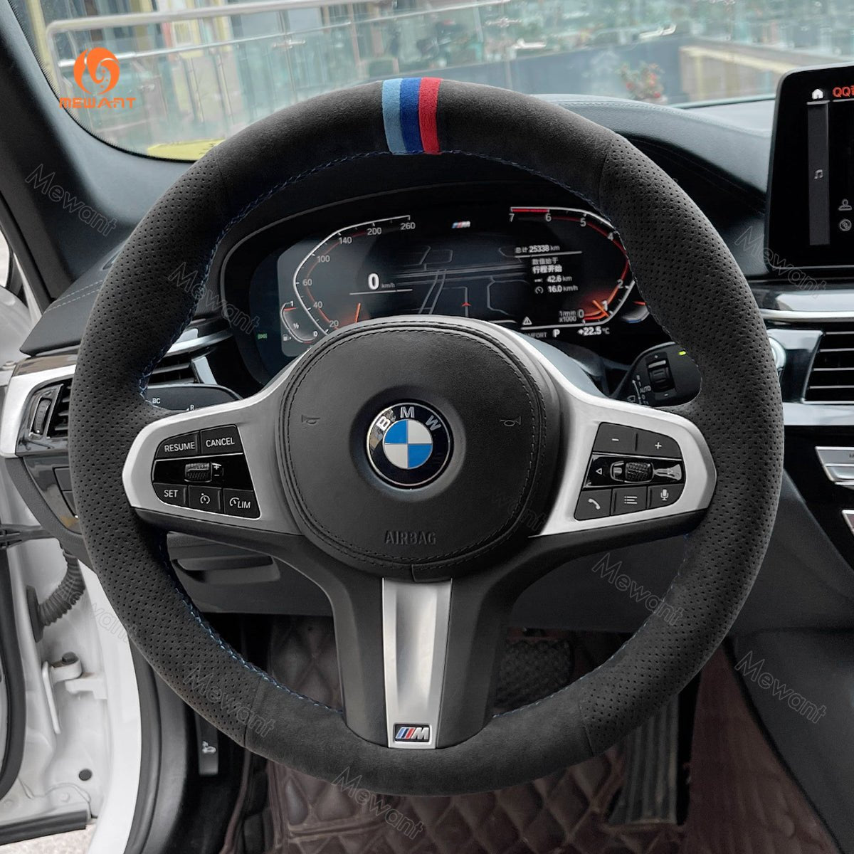 MEWANT Black Alcantara Car Steering Wheel Cover for BMW G20 F44 G22 G26 G30 G32 G11 G14 G15 G16 G01 G02 G05 G06 G07 G29 - Alcantara, Leather, Carbon Fiber, Easy Install, Non - Slip, Best Steering Wheel Cover