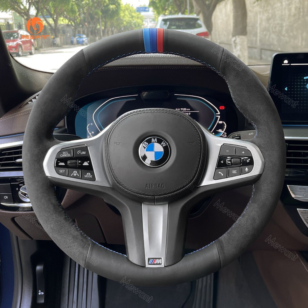 MEWANT Black Alcantara Car Steering Wheel Cover for BMW G20 F44 G22 G26 G30 G32 G11 G14 G15 G16 G01 G02 G05 G06 G07 G29 - Alcantara, Leather, Carbon Fiber, Easy Install, Non - Slip, Best Steering Wheel Cover
