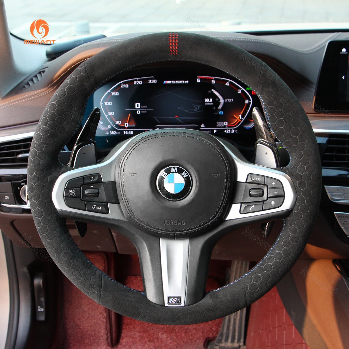 MEWANT Black Alcantara Car Steering Wheel Cover for BMW G20 F44 G22 G26 G30 G32 G11 G14 G15 G16 G01 G02 G05 G06 G07 G29 - Alcantara, Leather, Carbon Fiber, Easy Install, Non - Slip, Best Steering Wheel Cover