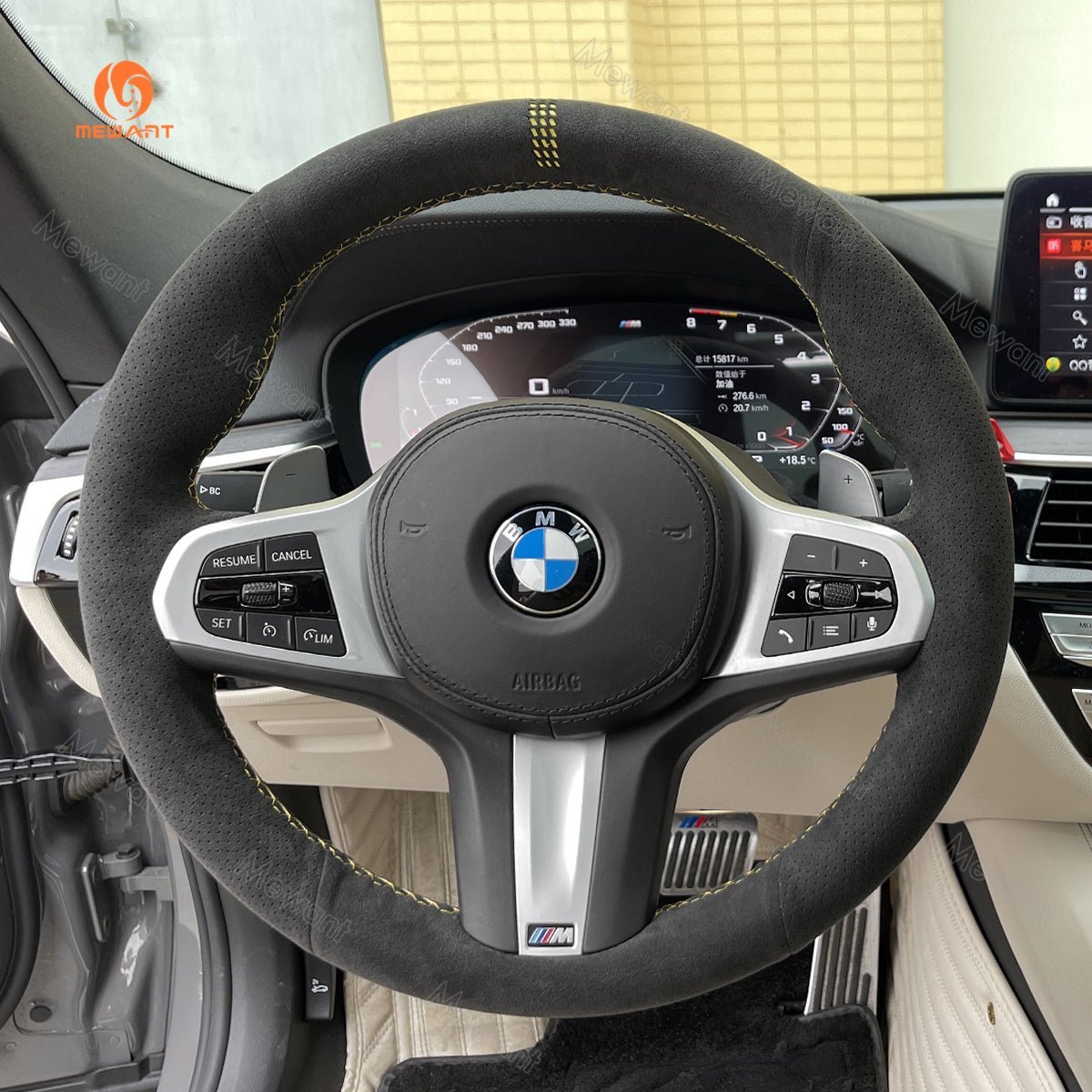 MEWANT Black Alcantara Car Steering Wheel Cover for BMW G20 F44 G22 G26 G30 G32 G11 G14 G15 G16 G01 G02 G05 G06 G07 G29 - Alcantara, Leather, Carbon Fiber, Easy Install, Non - Slip, Best Steering Wheel Cover