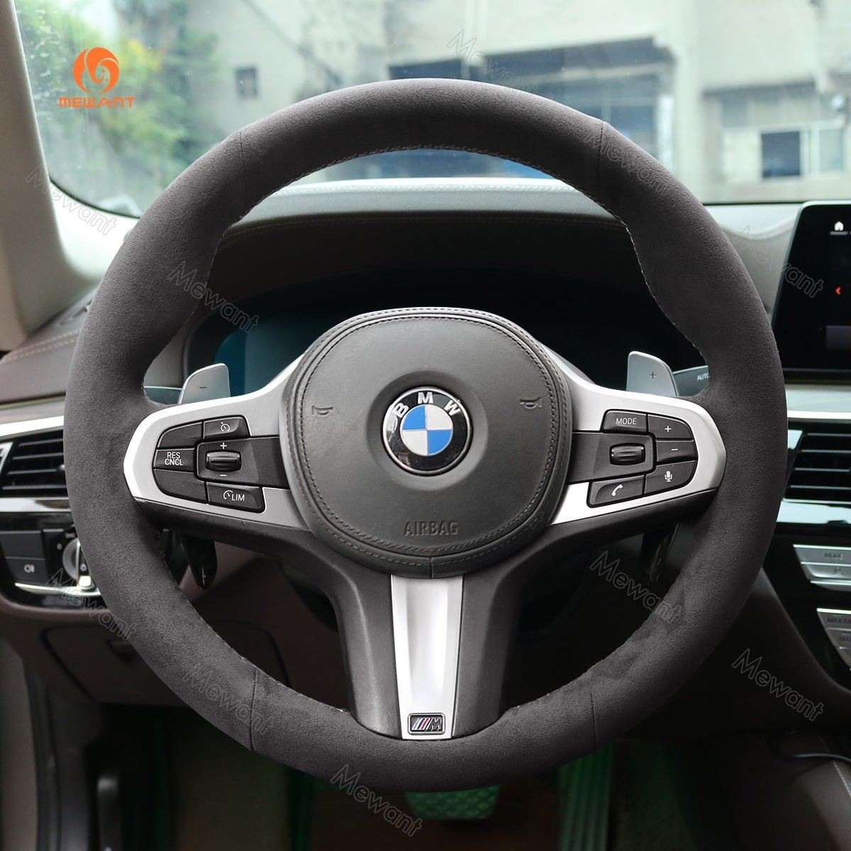 MEWANT Black Alcantara Car Steering Wheel Cover for BMW G20 F44 G22 G26 G30 G32 G11 G14 G15 G16 G01 G02 G05 G06 G07 G29 - Alcantara, Leather, Carbon Fiber, Easy Install, Non - Slip, Best Steering Wheel Cover