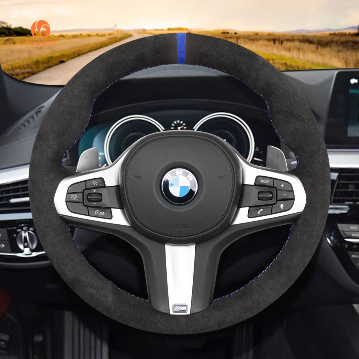 MEWANT Black Alcantara Car Steering Wheel Cover for BMW G20 F44 G22 G26 G30 G32 G11 G14 G15 G16 G01 G02 G05 G06 G07 G29 - Alcantara, Leather, Carbon Fiber, Easy Install, Non - Slip, Best Steering Wheel Cover