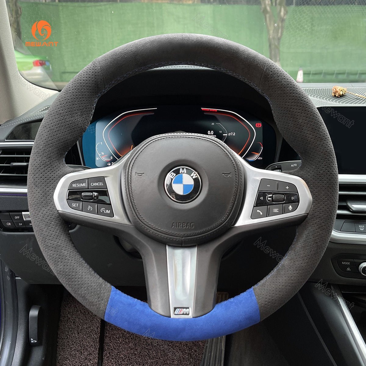 MEWANT Black Alcantara Car Steering Wheel Cover for BMW G20 F44 G22 G26 G30 G32 G11 G14 G15 G16 G01 G02 G05 G06 G07 G29 - Alcantara, Leather, Carbon Fiber, Easy Install, Non - Slip, Best Steering Wheel Cover